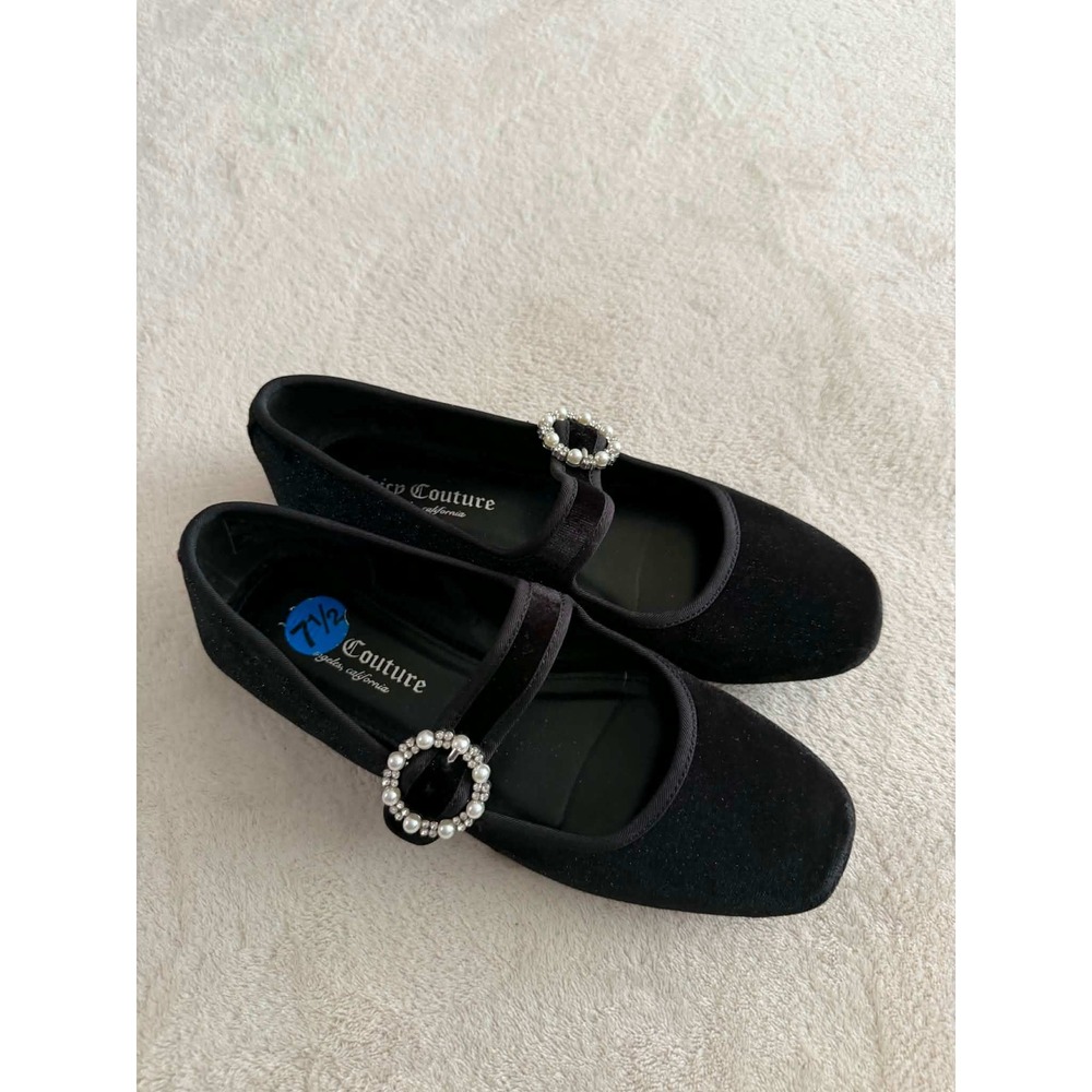 Juicy Couture Womens 7.5 Black Velvet Mary Jane Flats Pearl Buckle Crown Crown
